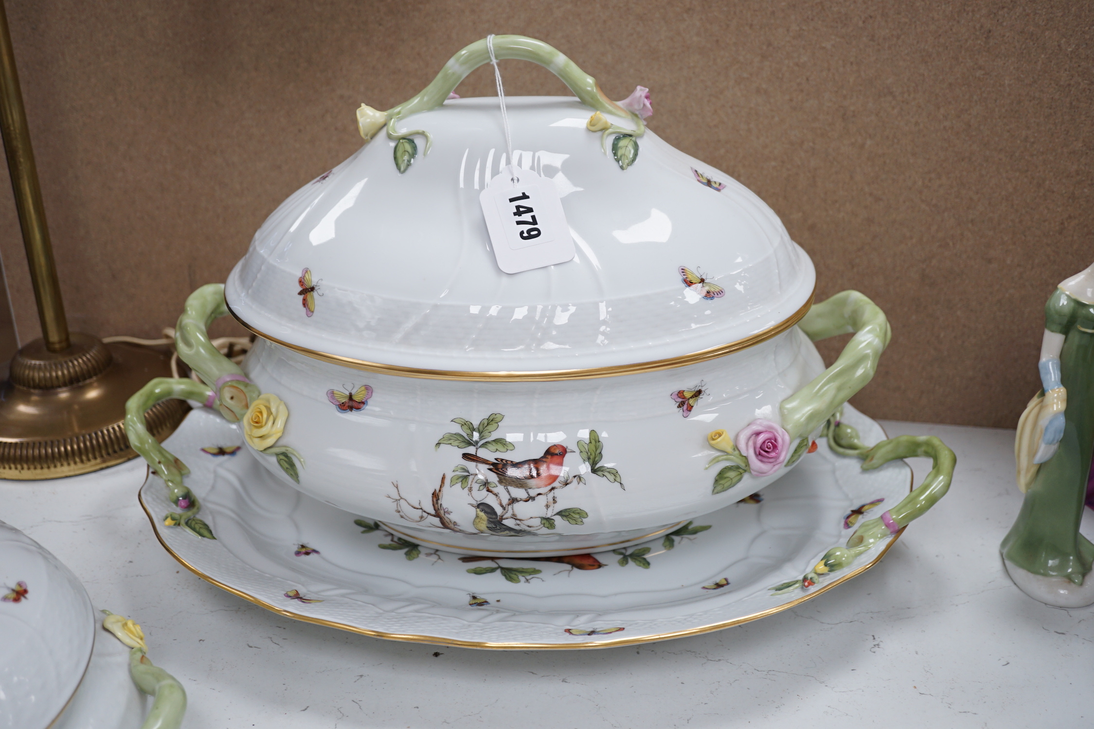 A Herend Rothschild birds pattern soup tureen cover and stand, two vegetable tureens and an oval dish